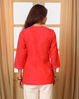 Aashvi Coral V-Neck Mangalgiri Cotton Top With Desert Hand Embroidery