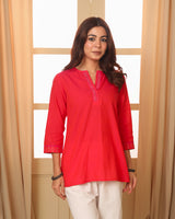 Aashvi Coral V-Neck Mangalgiri Cotton Top With Desert Hand Embroidery
