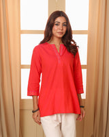 Aashvi Coral V-Neck Mangalgiri Cotton Top With Desert Hand Embroidery