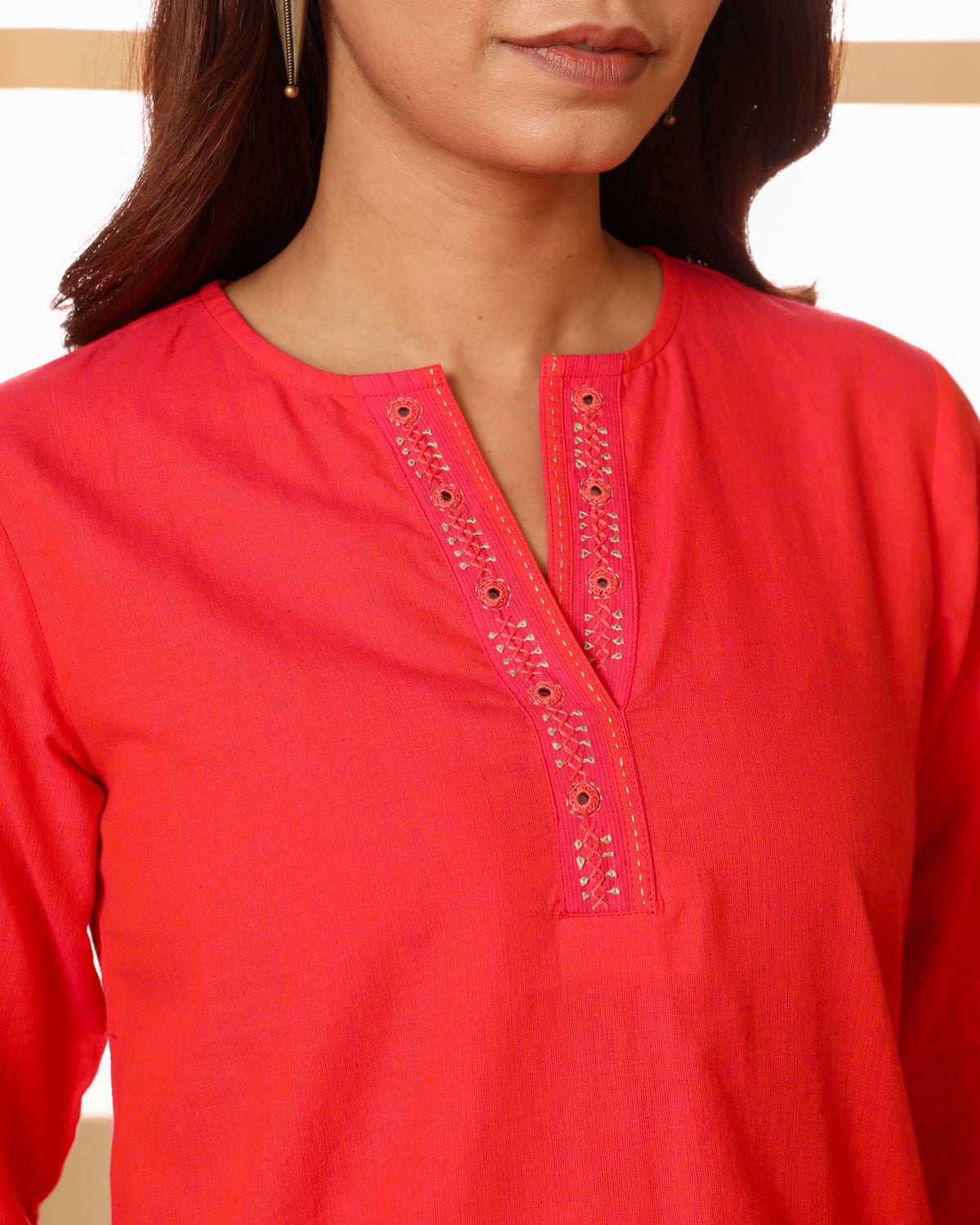 Aashvi Coral V-Neck Mangalgiri Cotton Top With Desert Hand Embroidery