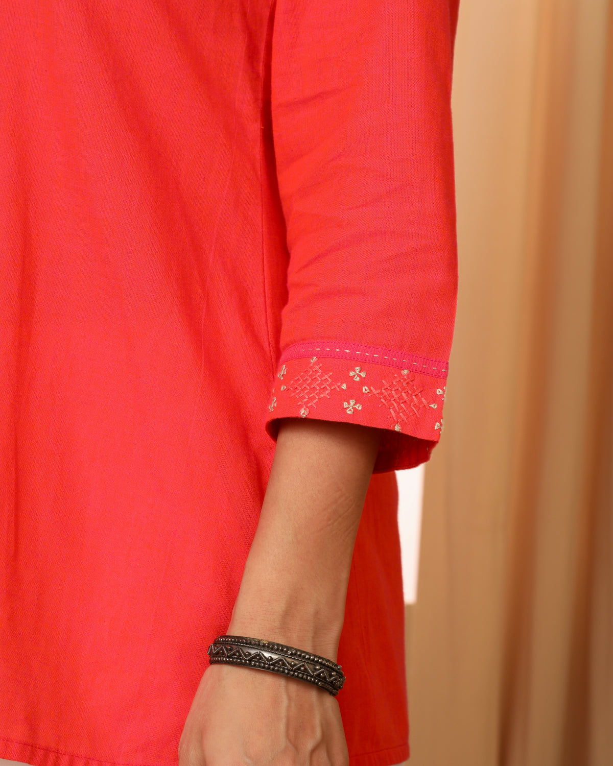 Aashvi Coral V-Neck Mangalgiri Cotton Top With Desert Hand Embroidery