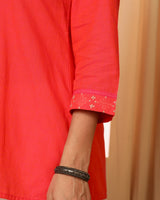 Aashvi Coral V-Neck Mangalgiri Cotton Top With Desert Hand Embroidery