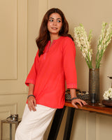 Aashvi Coral V-Neck Mangalgiri Cotton Top With Desert Hand Embroidery
