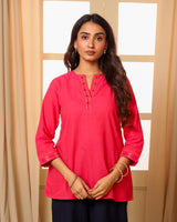 Aashvi Pink V-Neck Mangalgiri Cotton Top With Desert Hand Embroidery