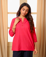 Aashvi Pink V-Neck Mangalgiri Cotton Top With Desert Hand Embroidery