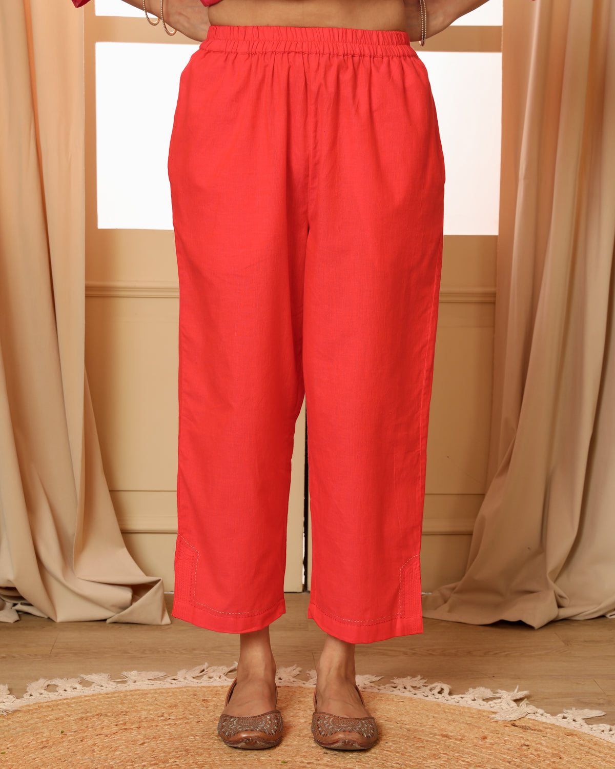 Aashvi Coral Straight-Fit Mangalgiri Cotton Pant With Kantha Hand Embroidery