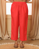 Aashvi Coral Straight-Fit Mangalgiri Cotton Pant With Kantha Hand Embroidery
