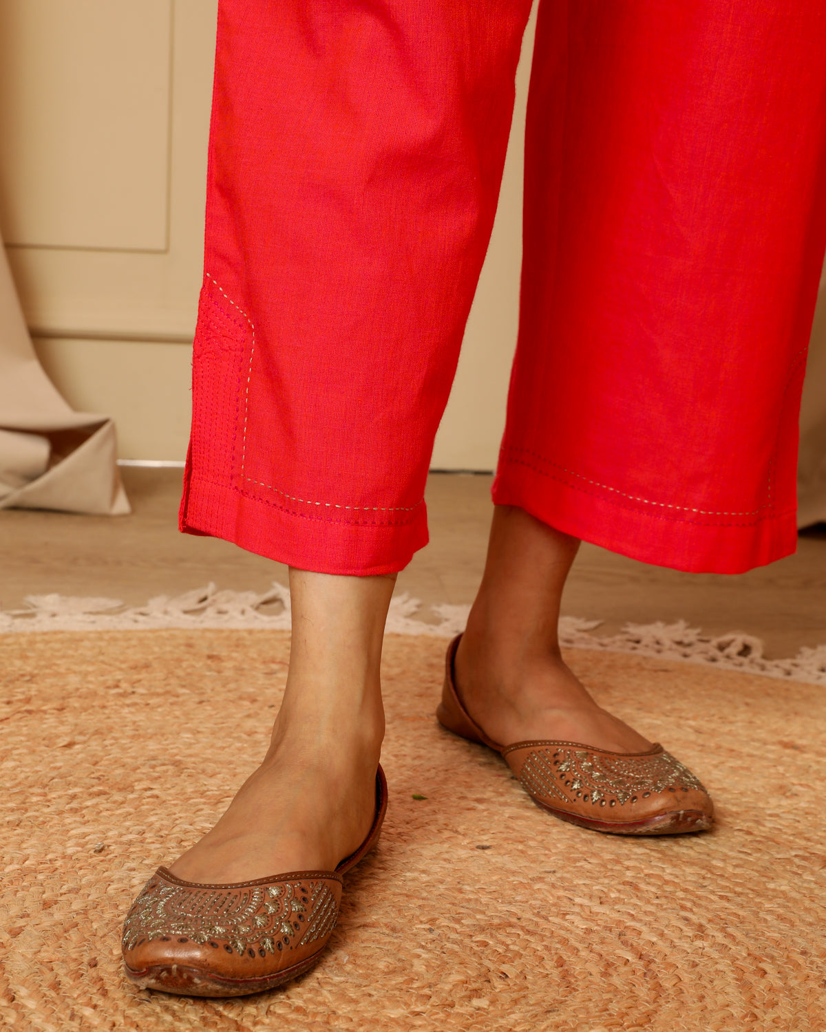 Aashvi Coral Straight-Fit Mangalgiri Cotton Pant With Kantha Hand Embroidery