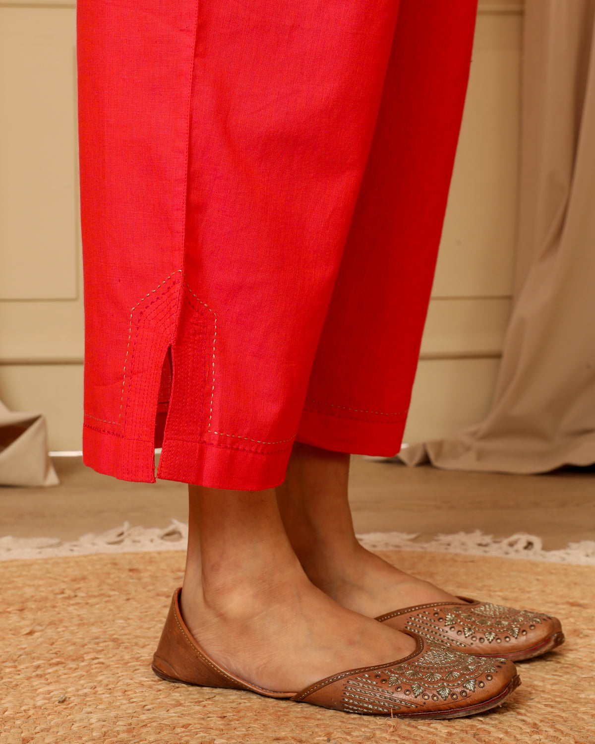 Aashvi Coral Straight-Fit Mangalgiri Cotton Pant With Kantha Hand Embroidery
