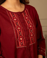 Paheli Maroon Straight-Fit Cotton Kurta With Pakka Hand Embroidery