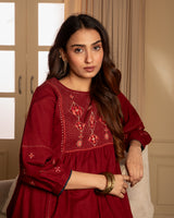Paheli Maroon Front-Yoke Cotton Kurta With Pakka Hand Embroidery