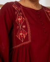 Paheli Maroon Side-Gather Cotton Top With Pakka Hand Embroidery
