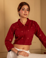 Paheli Maroon Shirt-Collar Cotton Blouse With Pakka Hand Embroidery