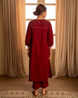 Paheli Maroon Front-Gather Cotton Kurta With Pakka Hand Embroidery