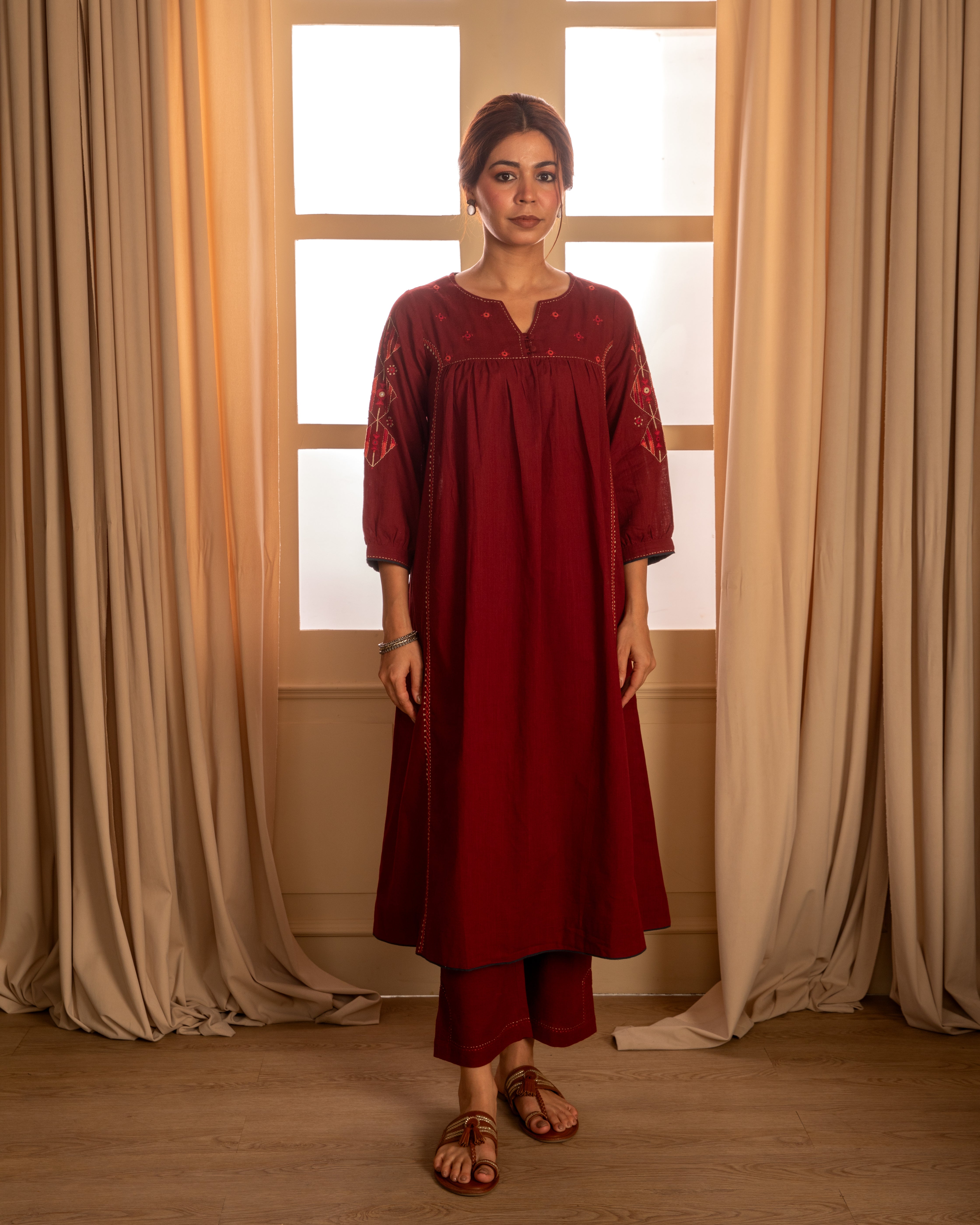 Paheli Maroon Front-Gather Cotton Kurta With Pakka Hand Embroidery