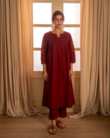 Paheli Maroon Front-Gather Cotton Kurta With Pakka Hand Embroidery