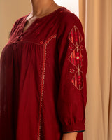 Paheli Maroon Front-Gather Cotton Kurta With Pakka Hand Embroidery