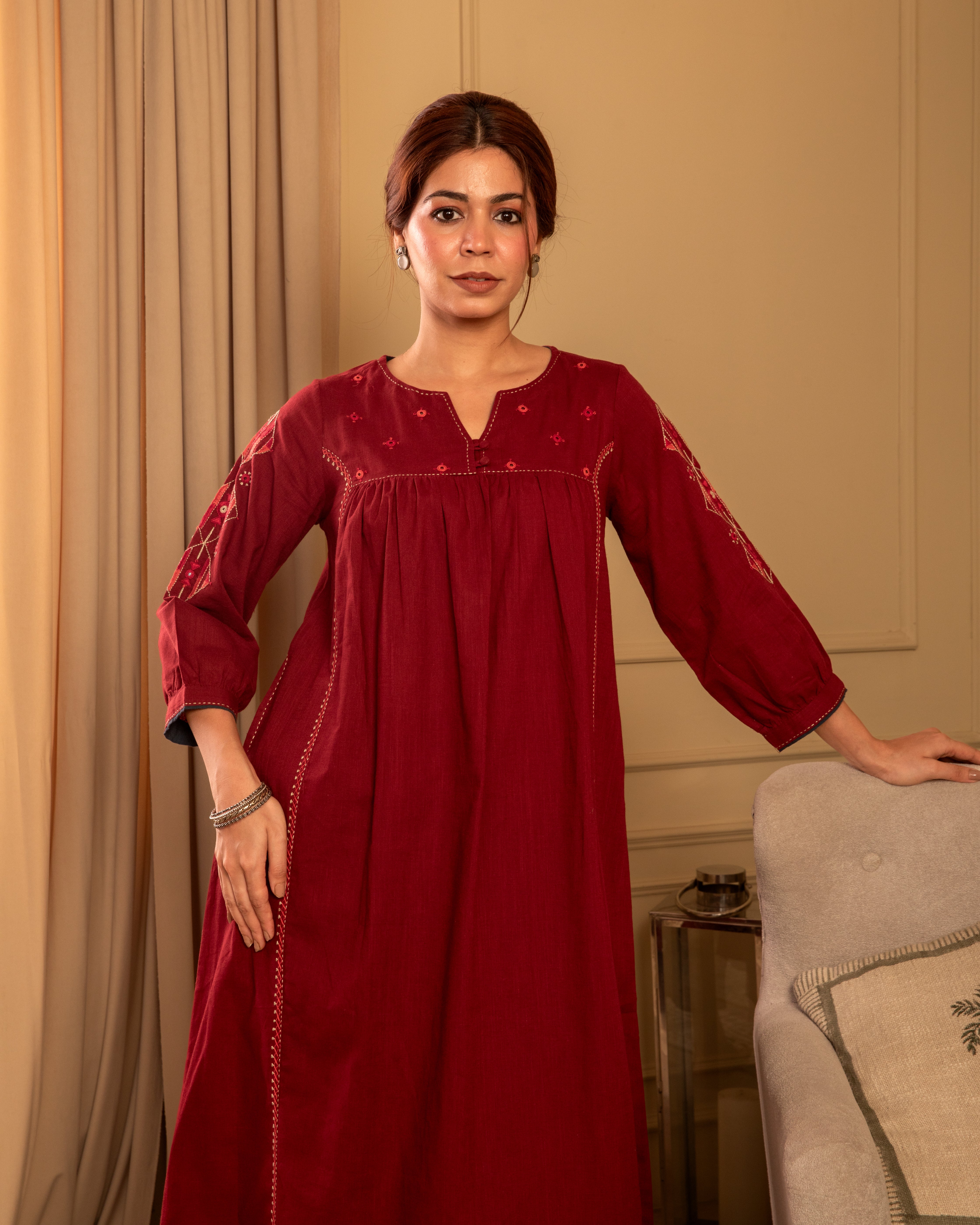 Paheli Maroon Front-Gather Cotton Kurta With Pakka Hand Embroidery