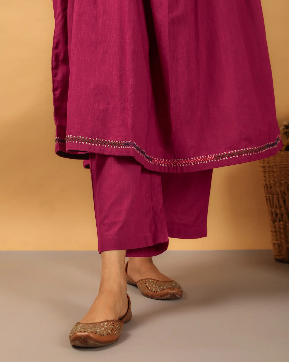 Kaanch Pink Straight-Fit Cotton Pant With Kantha Hand Embroidery