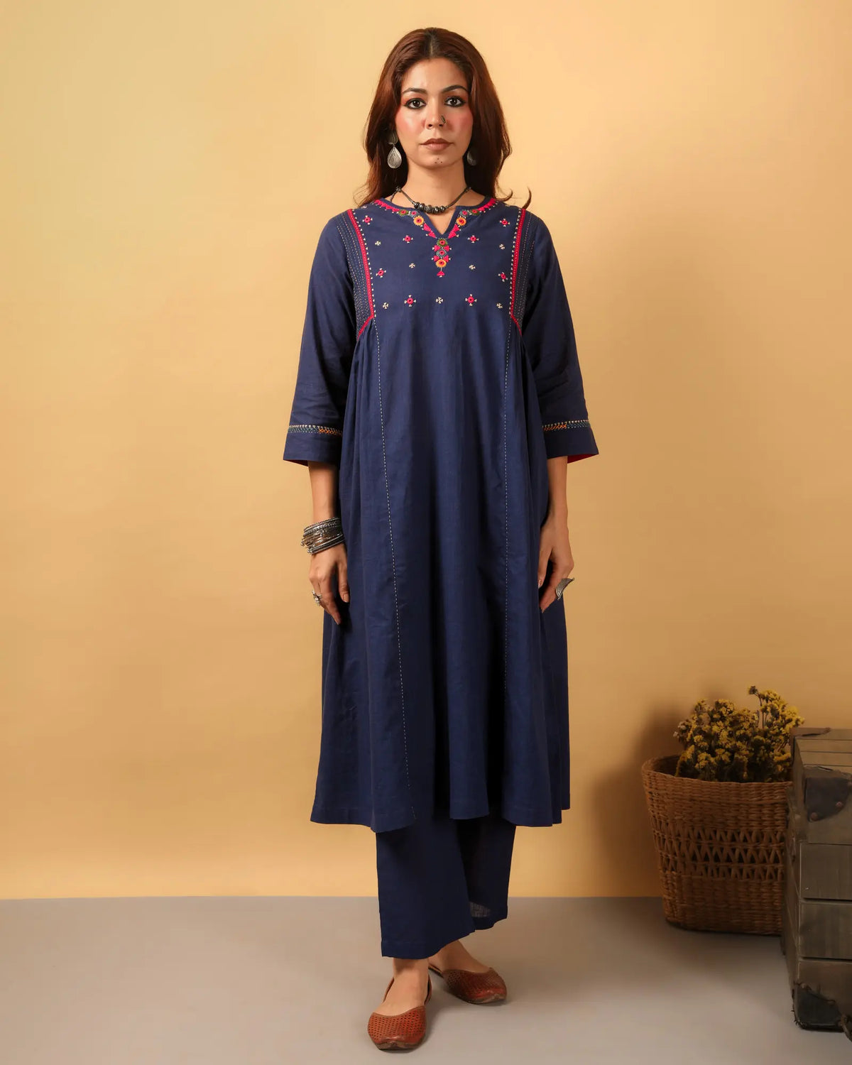 Kaanch Blue Round-Neck Cotton Kurta With Pacca Hand Embroidery