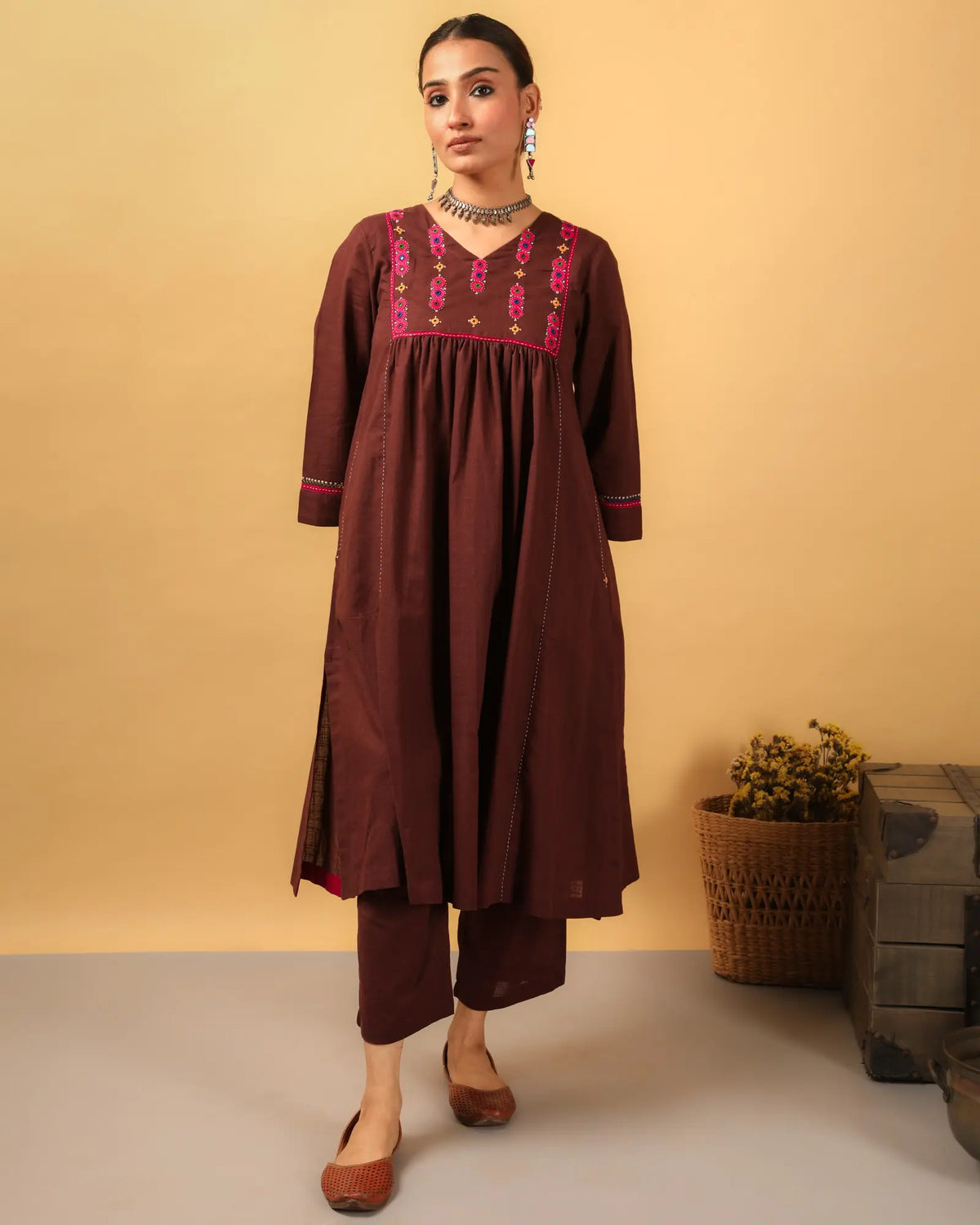 Kaanch Brown Front-Yoke Cotton Kurta With Pacca Hand Embroidery