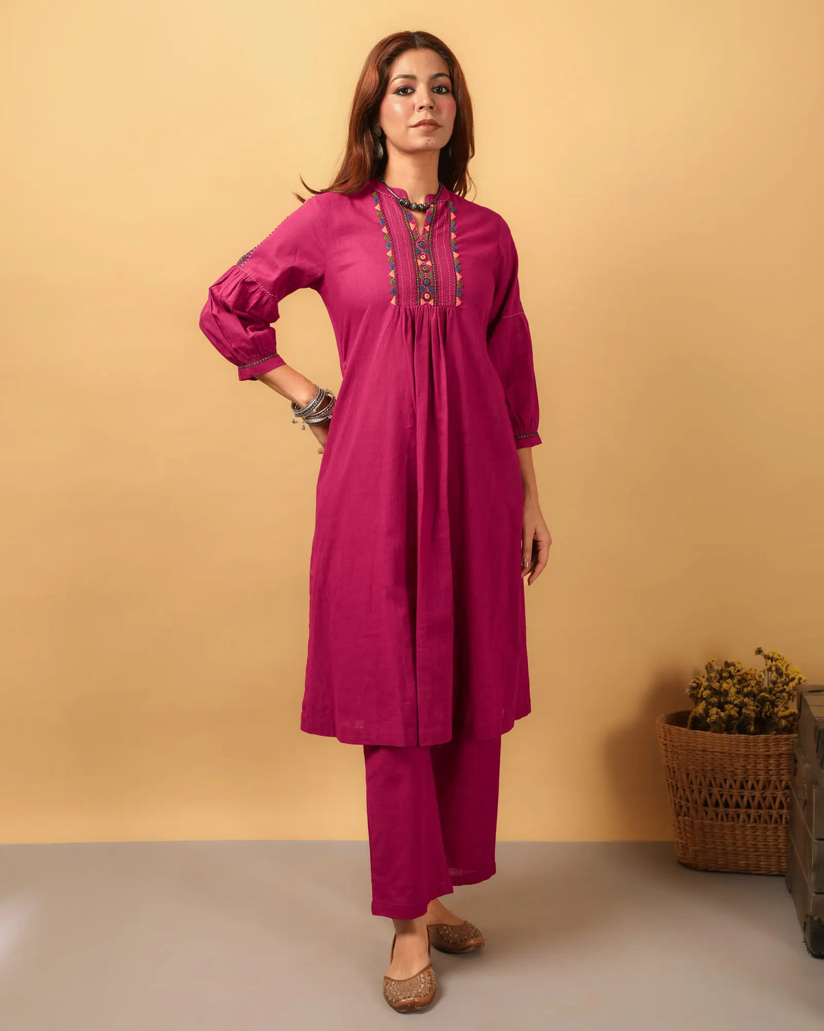 Kaanch Pink A-Line Cotton Kurta With Pacca Hand Embroidery