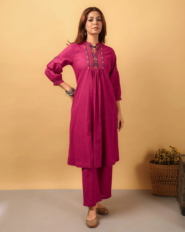 Kaanch Pink A-Line Cotton Kurta With Pacca Hand Embroidery