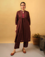 Kaanch Brown A-Line Cotton Kurta With Pacca Hand Embroidery