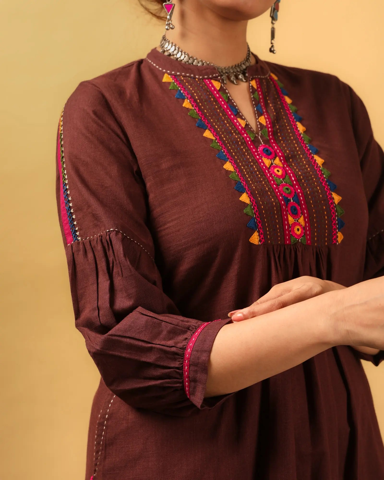 Kaanch Brown A-Line Cotton Kurta With Pacca Hand Embroidery