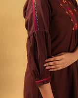 Kaanch Brown A-Line Cotton Kurta With Pacca Hand Embroidery