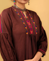 Kaanch Brown A-Line Cotton Kurta With Pacca Hand Embroidery