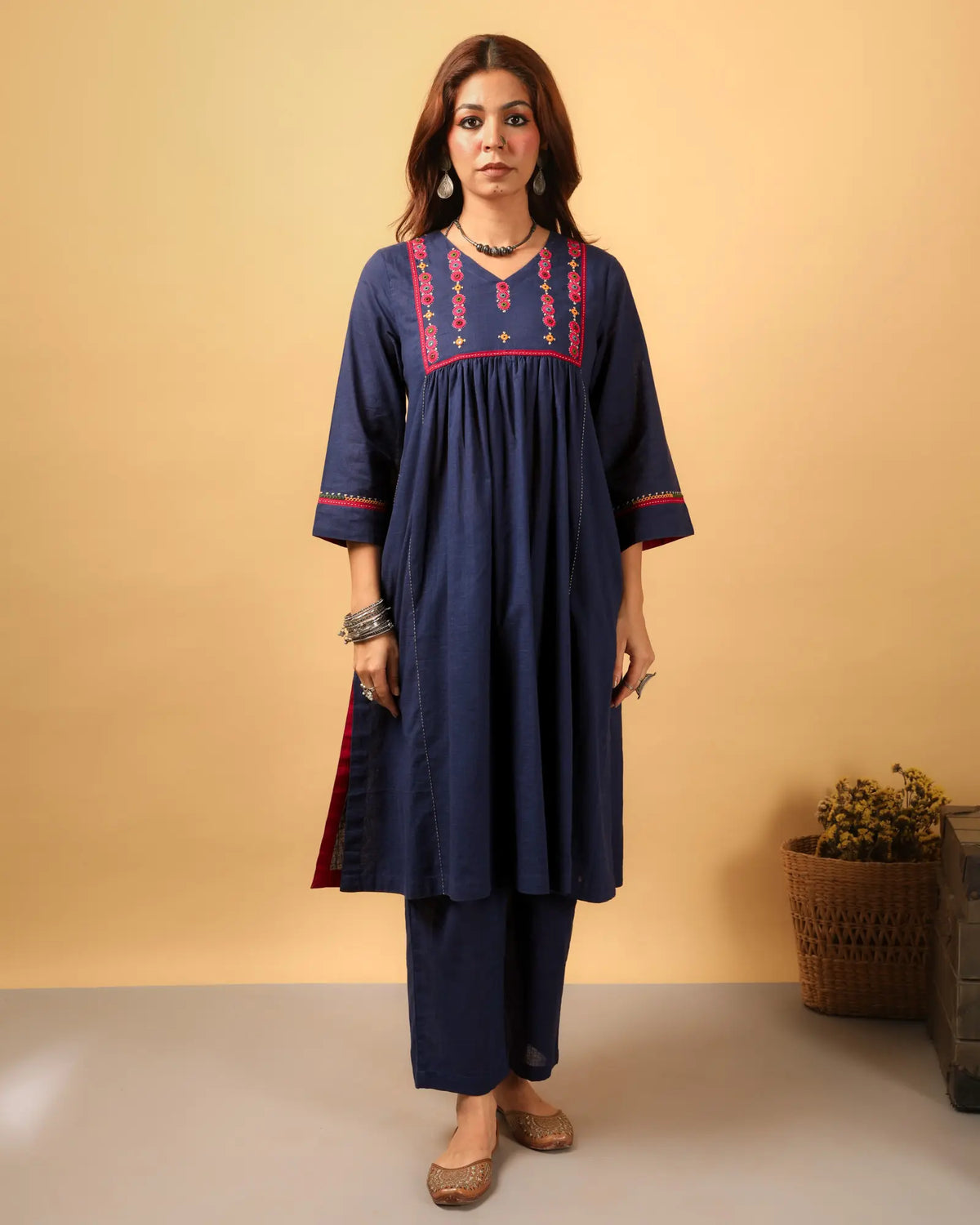 Kaanch Blue Front-Yoke Cotton Kurta With Pacca Hand Embroidery