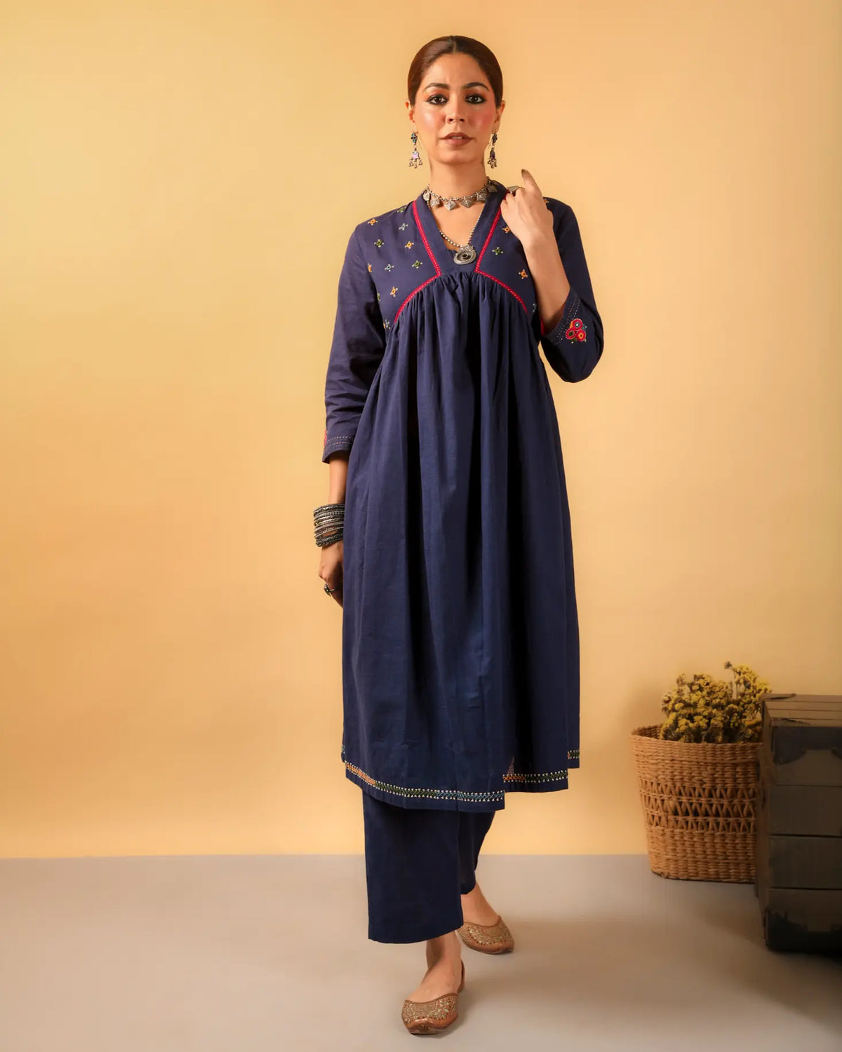 Kaanch Blue V-Neck Cotton Kurta With Pacca Hand Embroidery