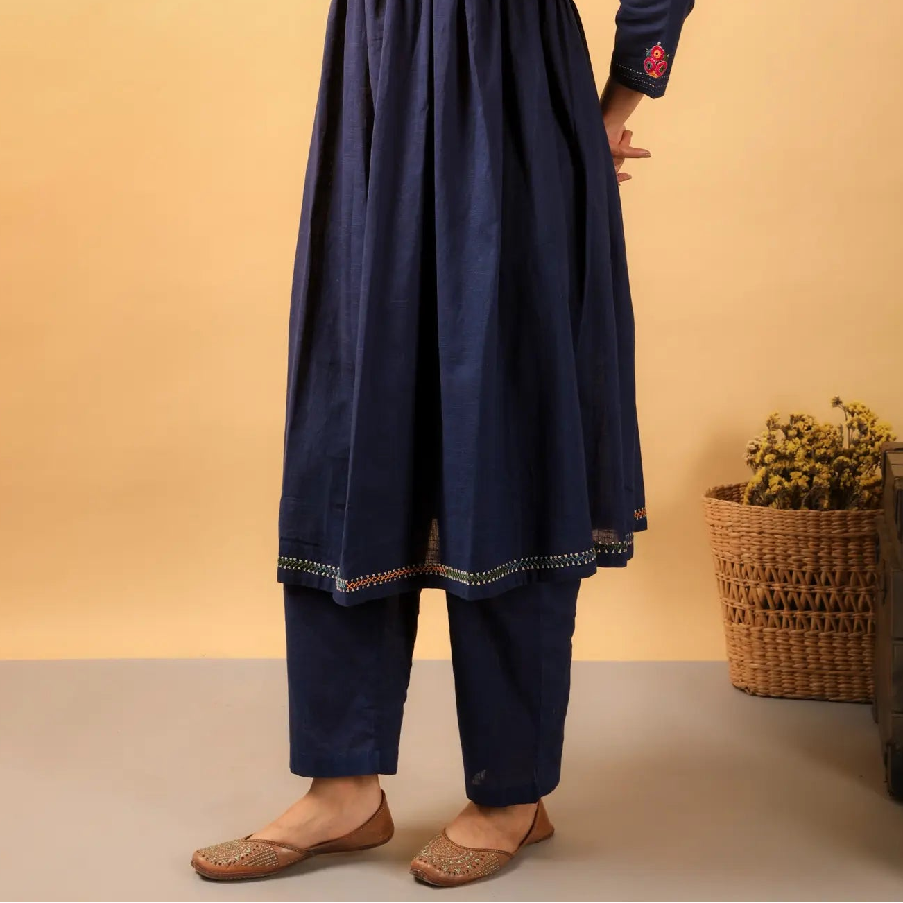 Kaanch Blue V-Neck Cotton Kurta With Pacca Hand Embroidery