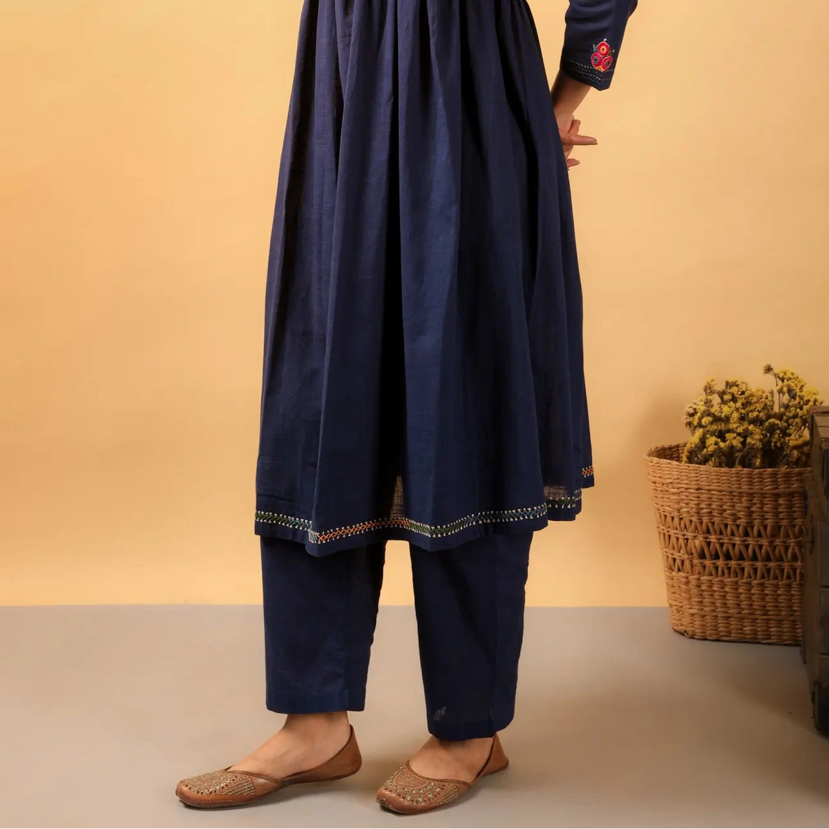Kaanch Blue Straight-Fit Cotton Pant With Kantha Hand Embroidery