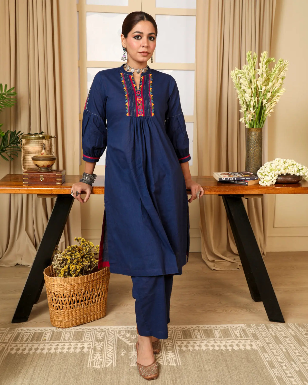 Kaanch Blue A-Line Cotton Kurta With Pacca Hand Embroidery