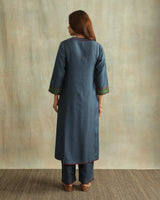 Pratha Blue V-Neck Cotton-Silk Kurta With Soof Hand Embroidery