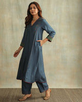 Pratha Blue V-Neck Cotton-Silk Kurta With Soof Hand Embroidery