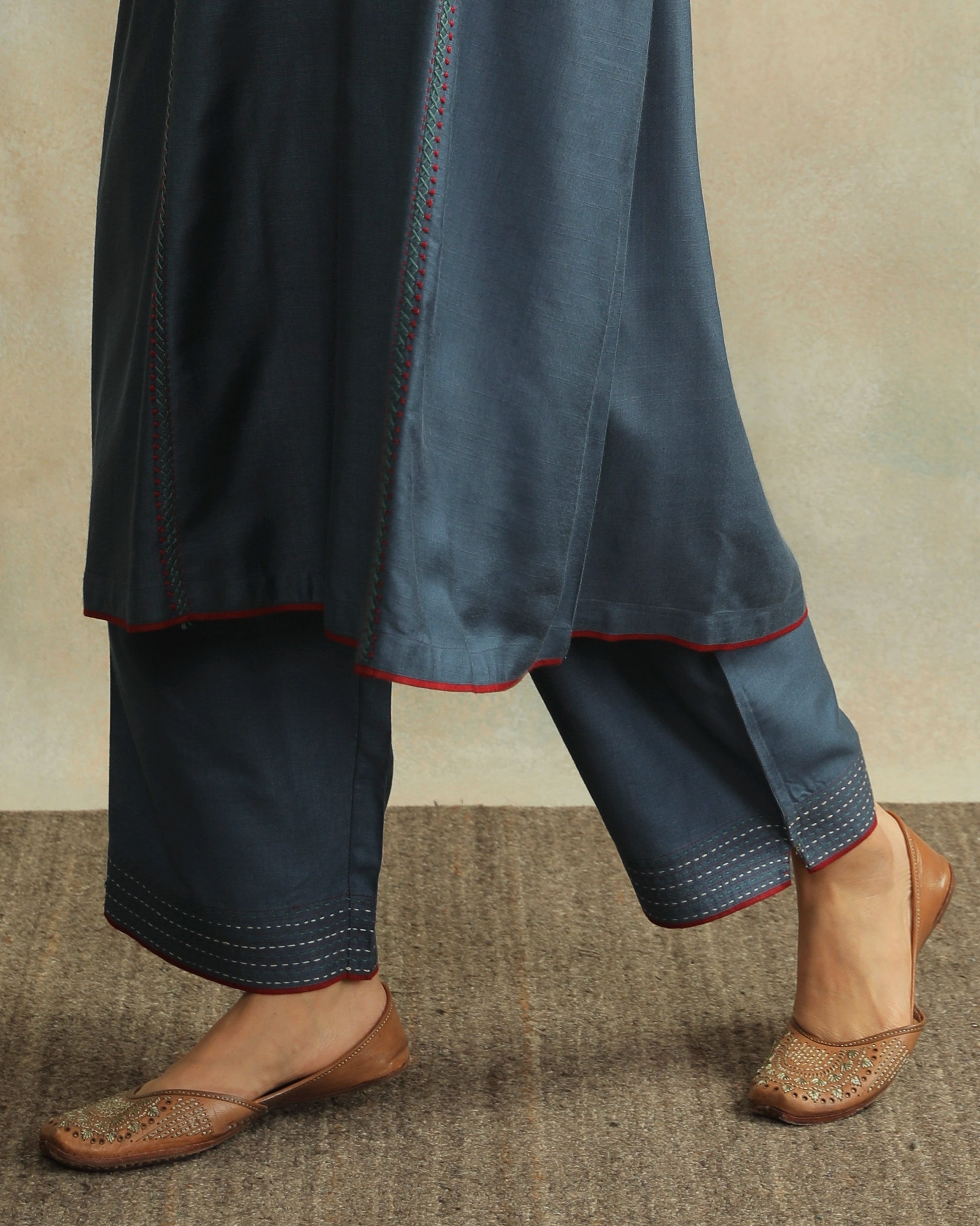 Pratha Blue Straight-Fit Cotton Silk Pant With Soof Hand Embroidery