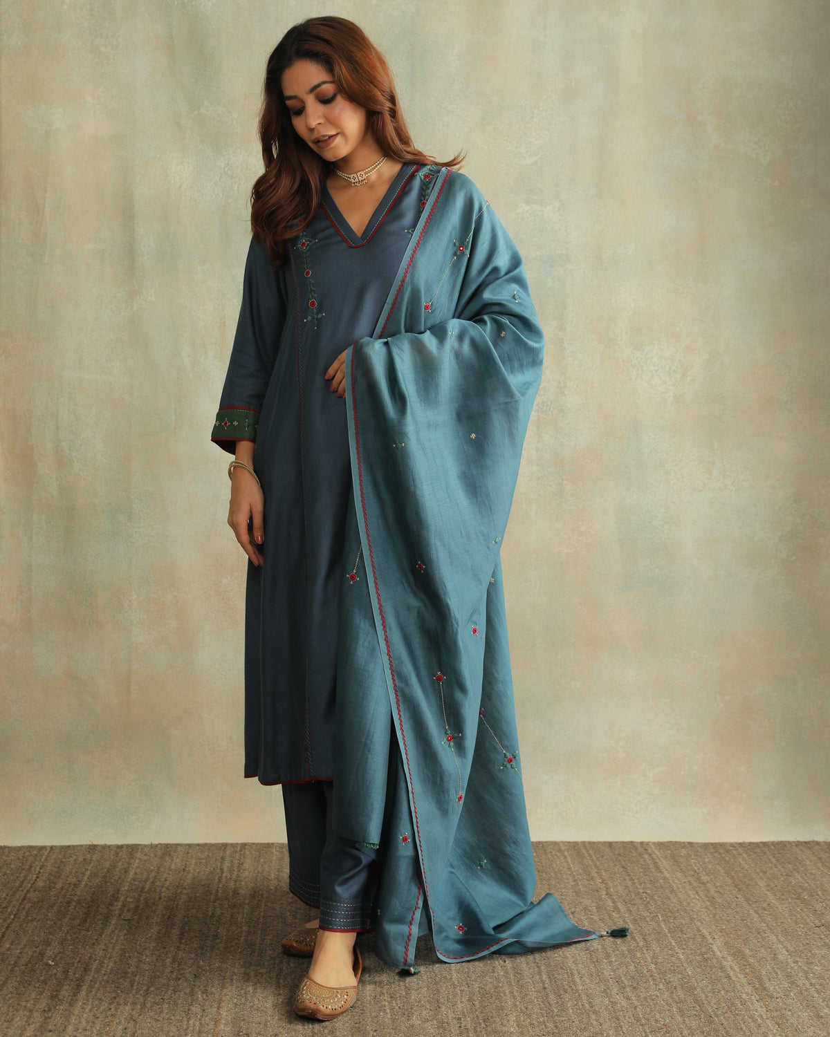Pratha Blue Chanderi Dupatta With Soof Hand Embroidery