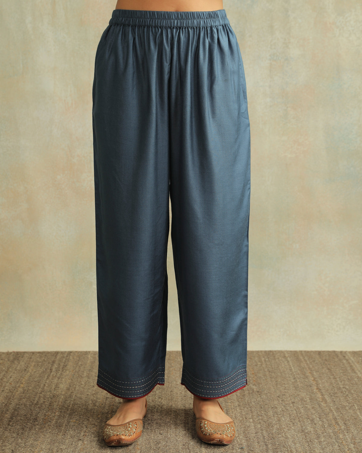 Pratha Blue Straight-Fit Cotton Silk Pant With Soof Hand Embroidery