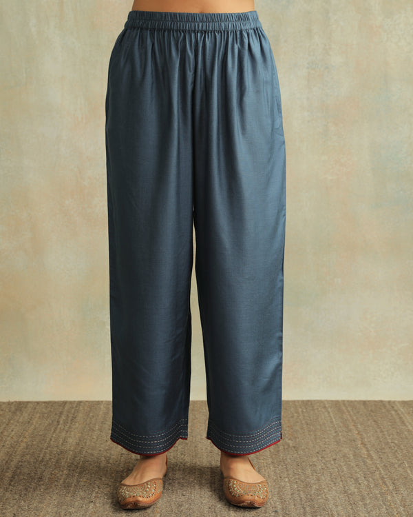 Pratha Blue Straight-Fit Cotton Silk Pant With Soof Hand Embroidery