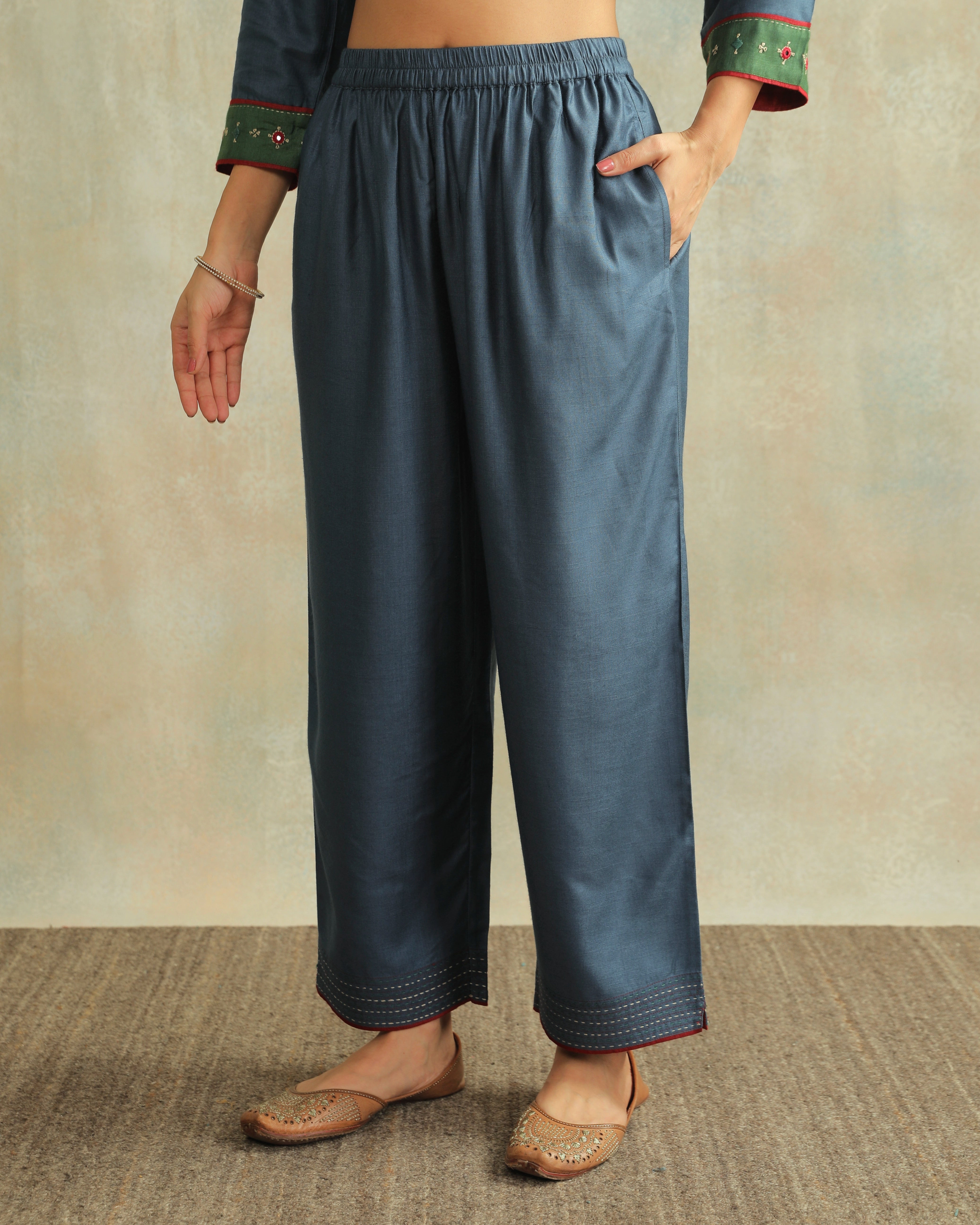 Pratha Blue Straight-Fit Cotton Silk Pant With Soof Hand Embroidery