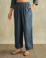 Pratha Blue Straight-Fit Cotton Silk Pant With Soof Hand Embroidery