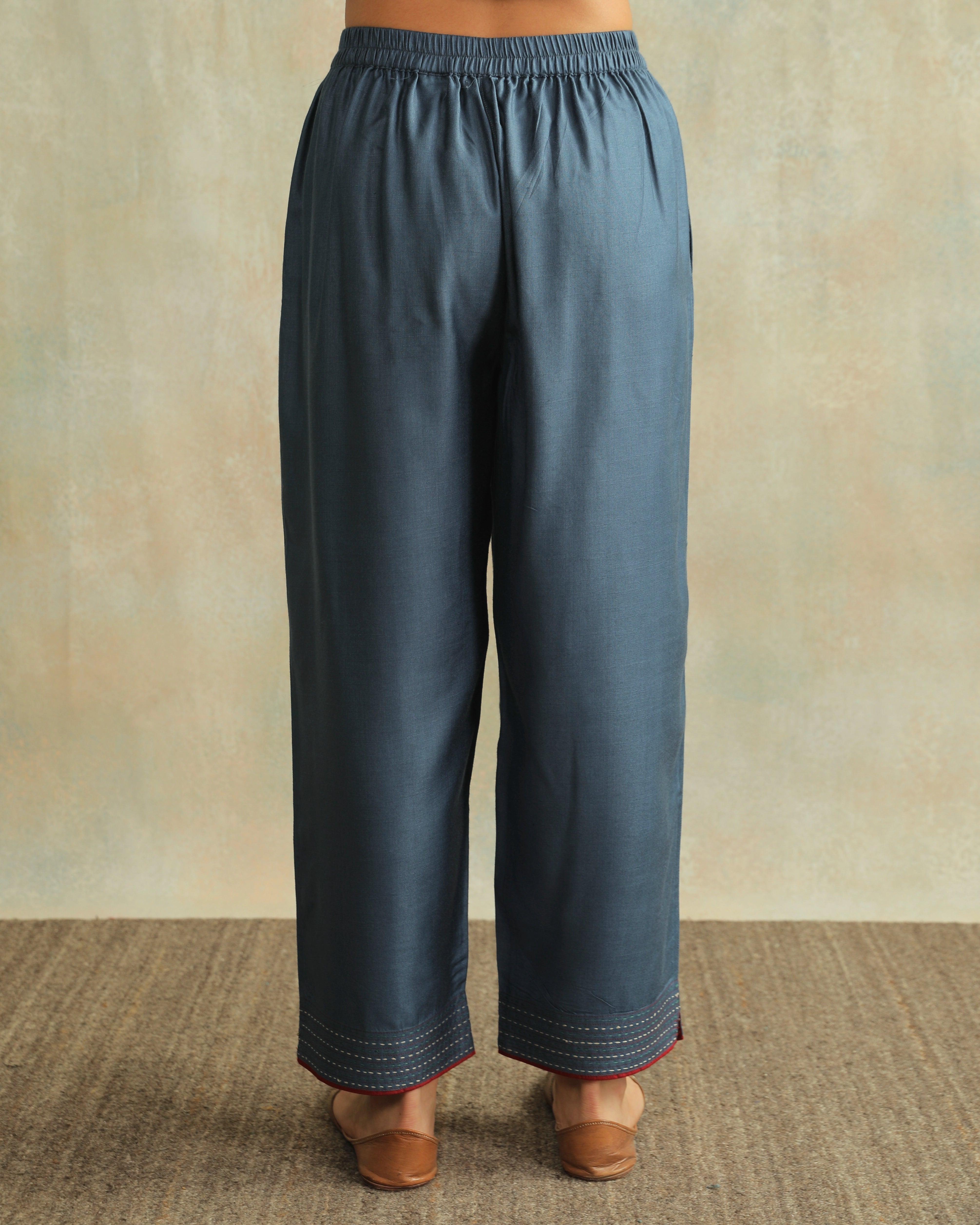 Pratha Blue Straight-Fit Cotton Silk Pant With Soof Hand Embroidery