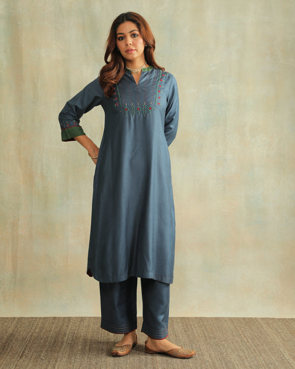Pratha Blue A-Line Cotton-Silk Kurta With Soof Hand Embroidery