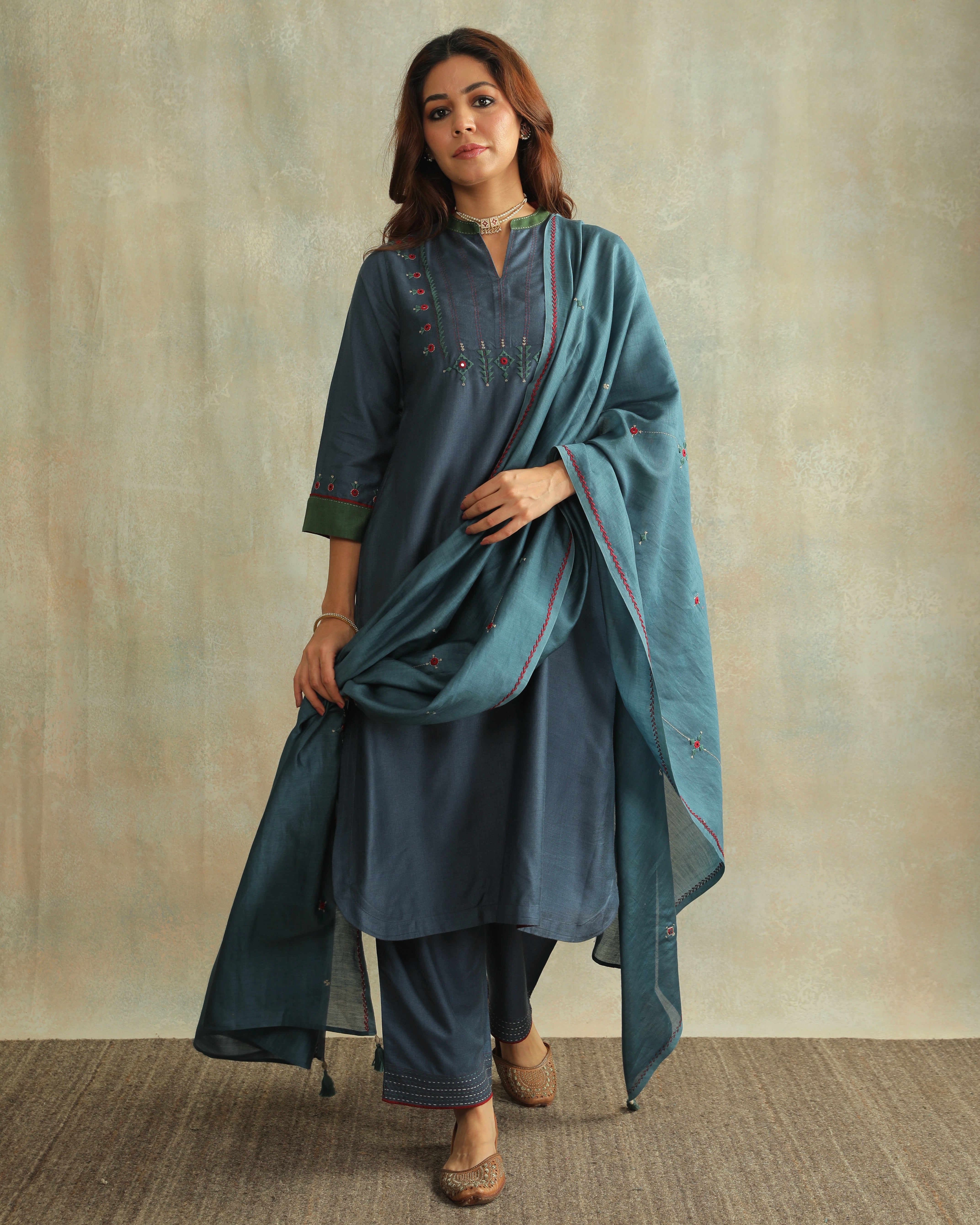 Pratha Blue A-Line Cotton-Silk Kurta With Soof Hand Embroidery