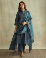 Pratha Blue A-Line Cotton-Silk Kurta With Soof Hand Embroidery
