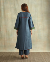Pratha Blue Flared Cotton-Silk Kurta With Soof Hand Embroidery