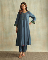 Pratha Blue Flared Cotton-Silk Kurta With Soof Hand Embroidery
